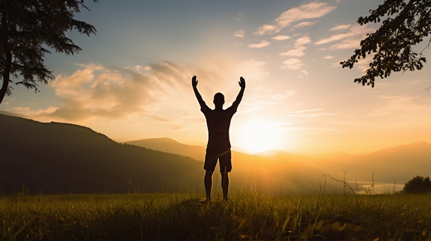 Free Photo person practicing yoga meditation in nature at sunset or sunrise