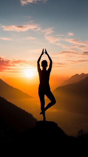 Person practicing yoga meditation in nature at sunset or sunrise