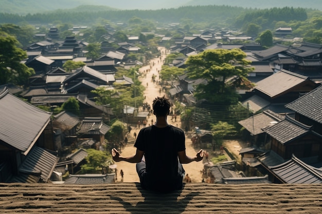 Person practicing yoga meditation outdoors at retreat