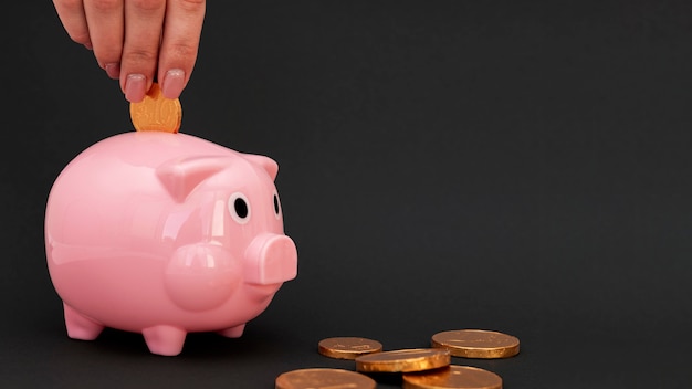 Person putting in pink piggy bank coins