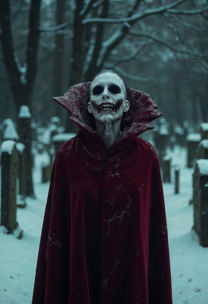 Free photo a person in a red robe stands in a cemetery