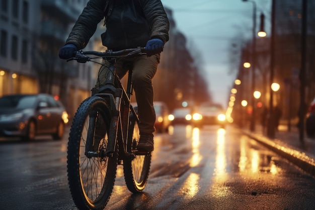 Free photo person riding bike in the city at dusk