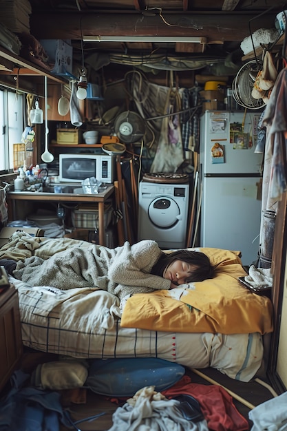 Free photo person sleeping on bed in a tiny house