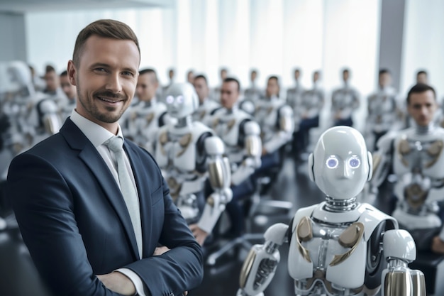 Free photo person surrounded by ai robots coworkers