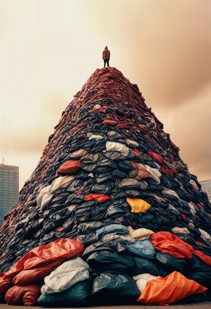 Person on the top of rubbish tower