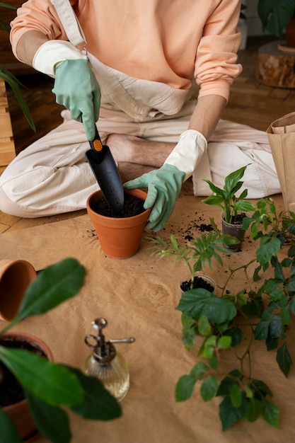 Person transplanting plants in new pots