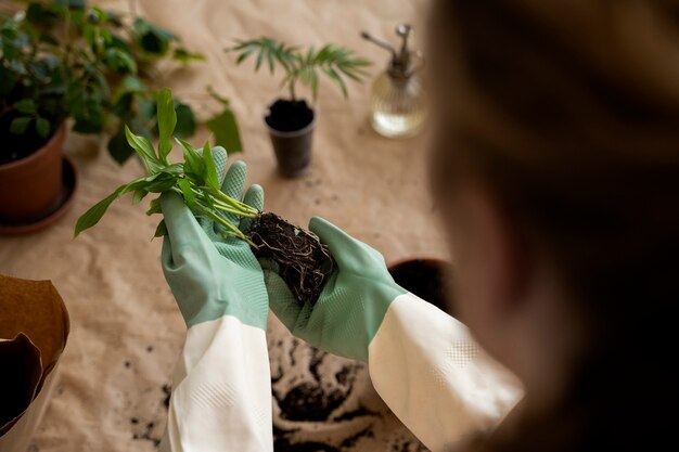 Person transplanting plants in new pots