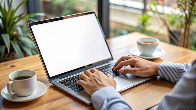 Free Photo person typing on laptop with coffee