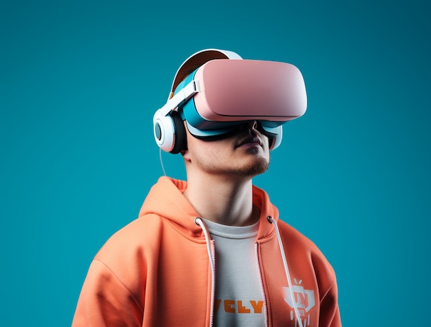 Free photo person using futuristic virtual reality headset for video games