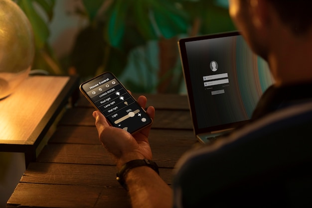 Person using a smartphone in his automated home