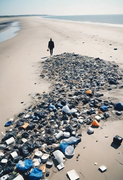 Person walking in a beach full of trash