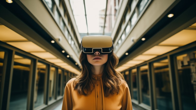 Free photo person wearing futuristic high tech virtual reality glasses