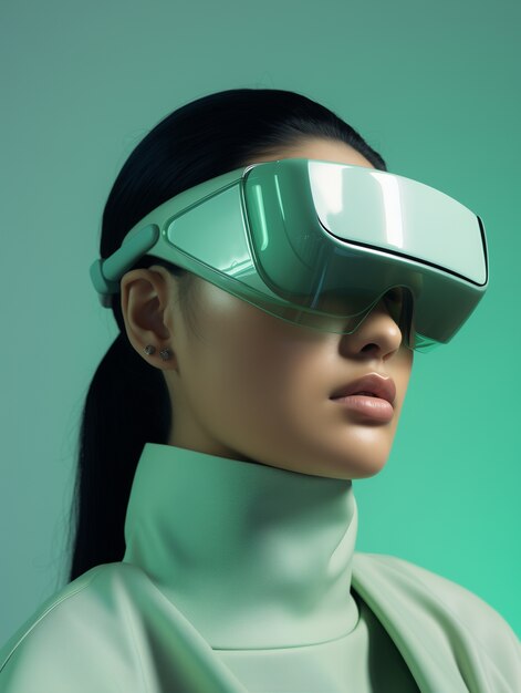 Person wearing futuristic high tech virtual reality glasses