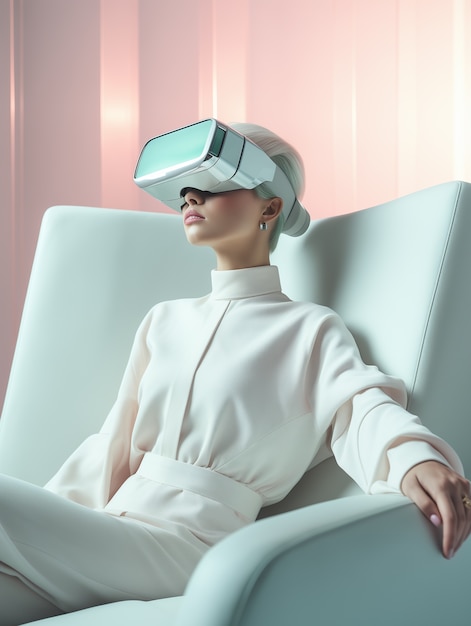 Free photo person wearing futuristic high tech virtual reality glasses