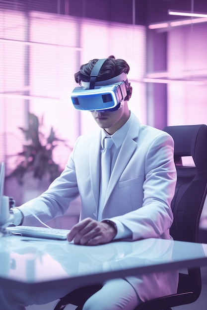 Person wearing futuristic high tech virtual reality glasses