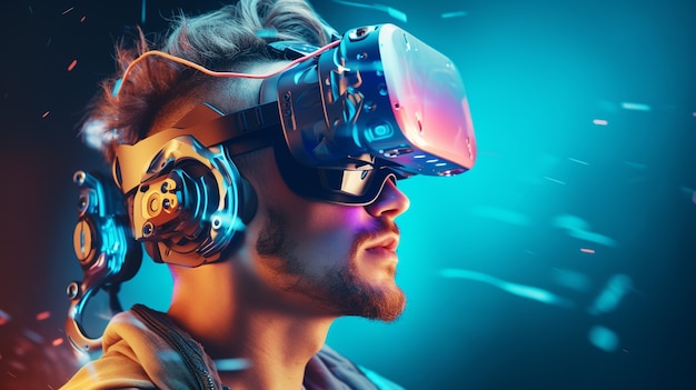 Person wearing futuristic virtual reality glasses for gaming