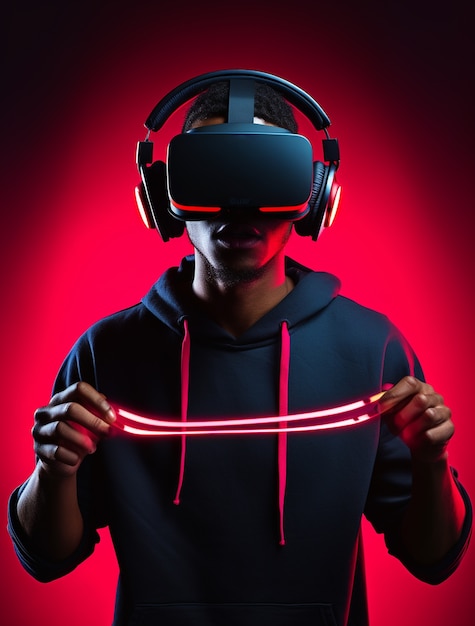 Person wearing futuristic virtual reality glasses for gaming