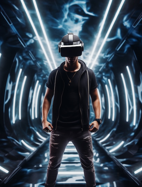 Free Photo person wearing futuristic virtual reality glasses for gaming