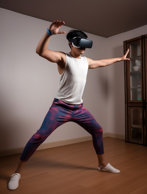 Free photo person wearing futuristic virtual reality glasses for gaming