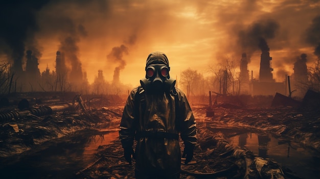 Free photo person wearing hazmat and mask with apocalyptic background