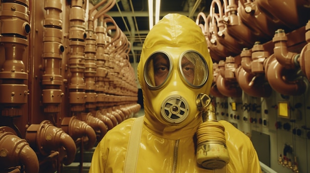 Free photo person wearing hazmat suit working at a nuclear power plant