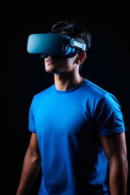 Free photo person wearing high-tech ar headset surrounded by bright blue neon colors