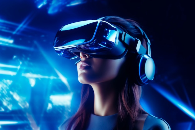 Person wearing high-tech ar headset surrounded by bright blue neon colors