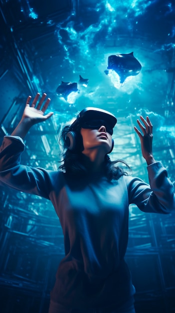 Free photo person wearing high-tech ar headset surrounded by bright blue neon colors