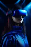 Free photo person wearing high-tech vr glasses while surrounded by bright blue neon colors