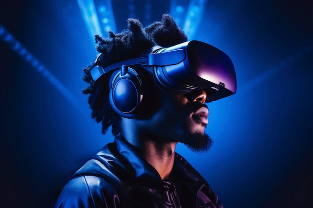 Free photo person wearing high-tech vr glasses while surrounded by bright blue neon colors