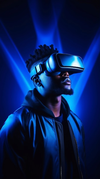 Free photo person wearing high-tech vr glasses while surrounded by bright blue neon colors