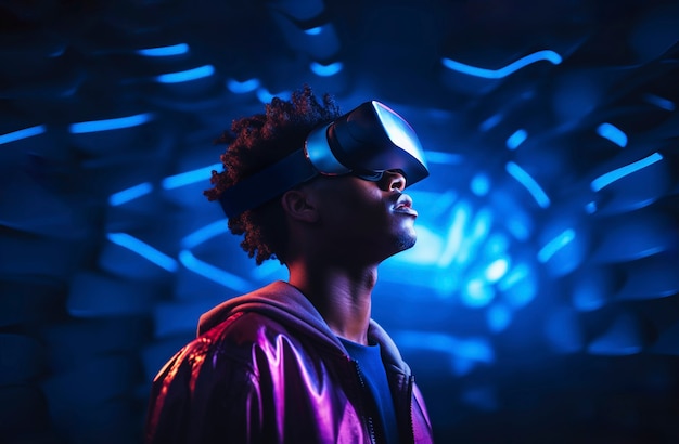 Person wearing high-tech vr glasses while surrounded by bright blue neon colors