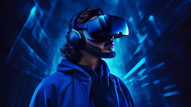 Free photo person wearing high-tech vr glasses while surrounded by bright blue neon colors