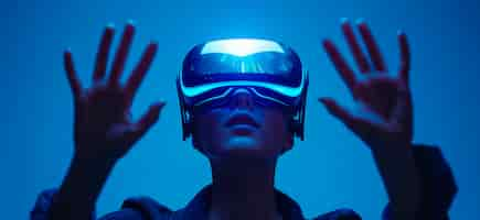 Free photo person wearing high-tech vr glasses while surrounded by bright blue neon colors