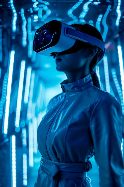 Free Photo person wearing high-tech vr glasses while surrounded by bright blue neon colors