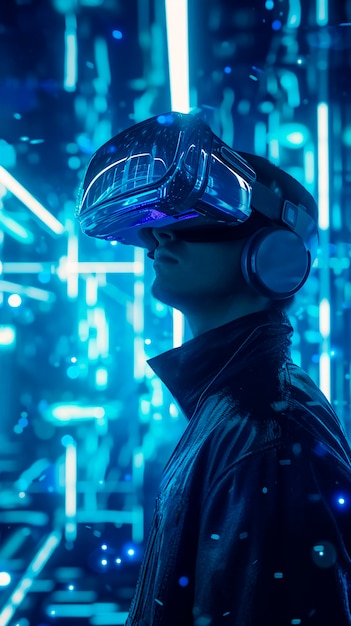 Free Photo person wearing high-tech vr glasses while surrounded by bright blue neon colors