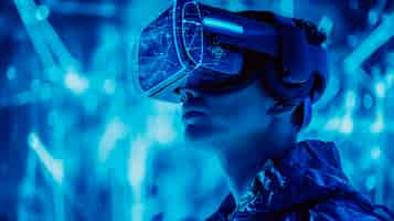 Free photo person wearing high-tech vr glasses while surrounded by bright blue neon colors