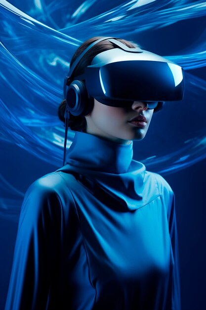 Person wearing high-tech vr glasses while surrounded by bright blue neon colors