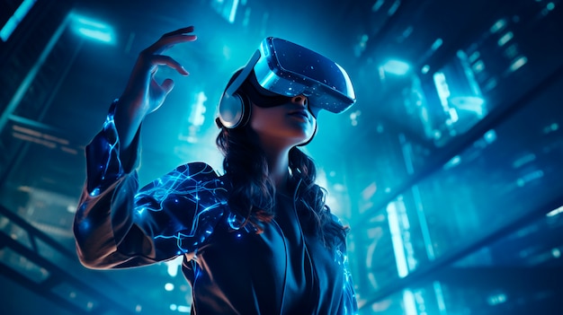 Free Photo person wearing high-tech vr glasses while surrounded by bright blue neon colors