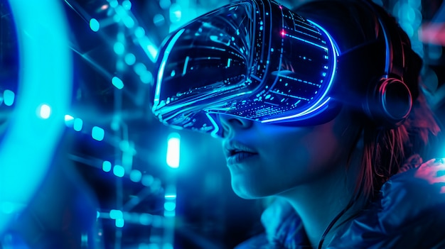 Free photo person wearing high-tech vr glasses while surrounded by bright blue neon colors