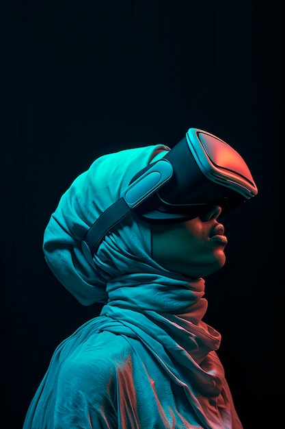 Free Photo person wearing high-tech vr glasses while surrounded by bright blue neon colors