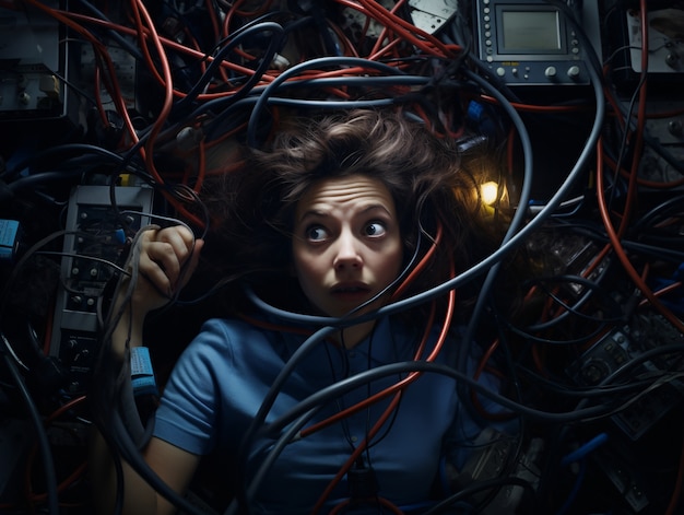 Free Photo person with anxiety induced by cables or wires