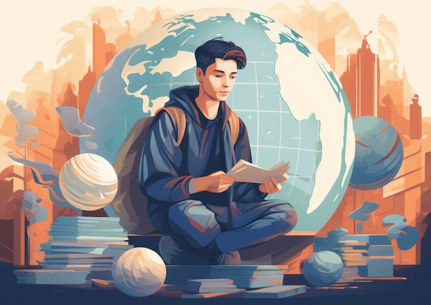 Person with books in digital art style for education day