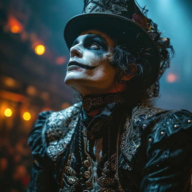 Person with gothic style costume and make-up performing drama for world theatre day