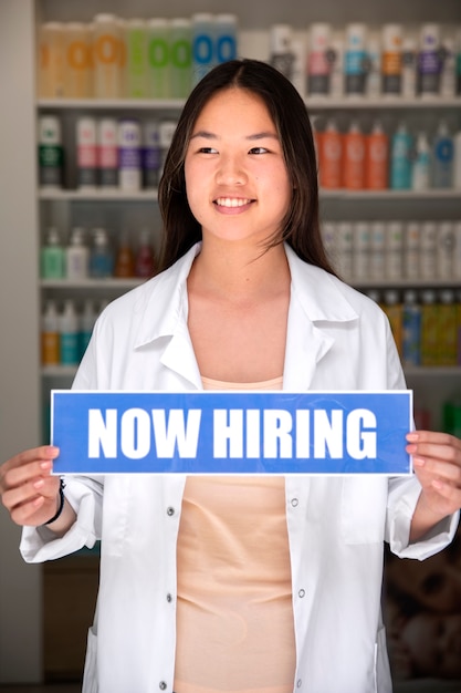 Person with hiring sign by the window