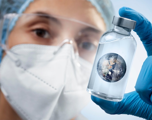 Free Photo person with surgical gloves holding the earth in a bottle