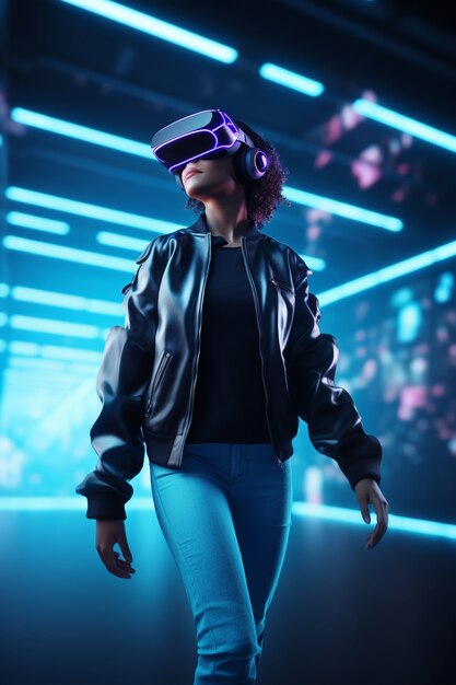 Person with vr glasses in neon room