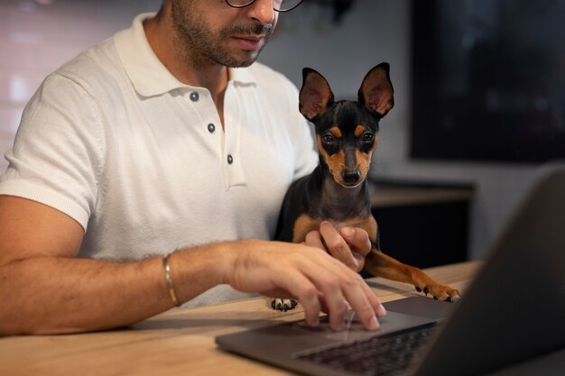 Person working from home with pet dog