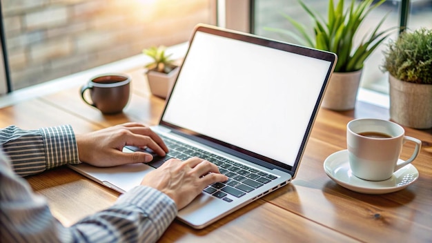 Person working on laptop computer with blank screen coffee plants and sunlight