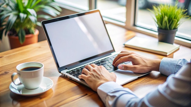 Free Photo person working on laptop with coffee and plants